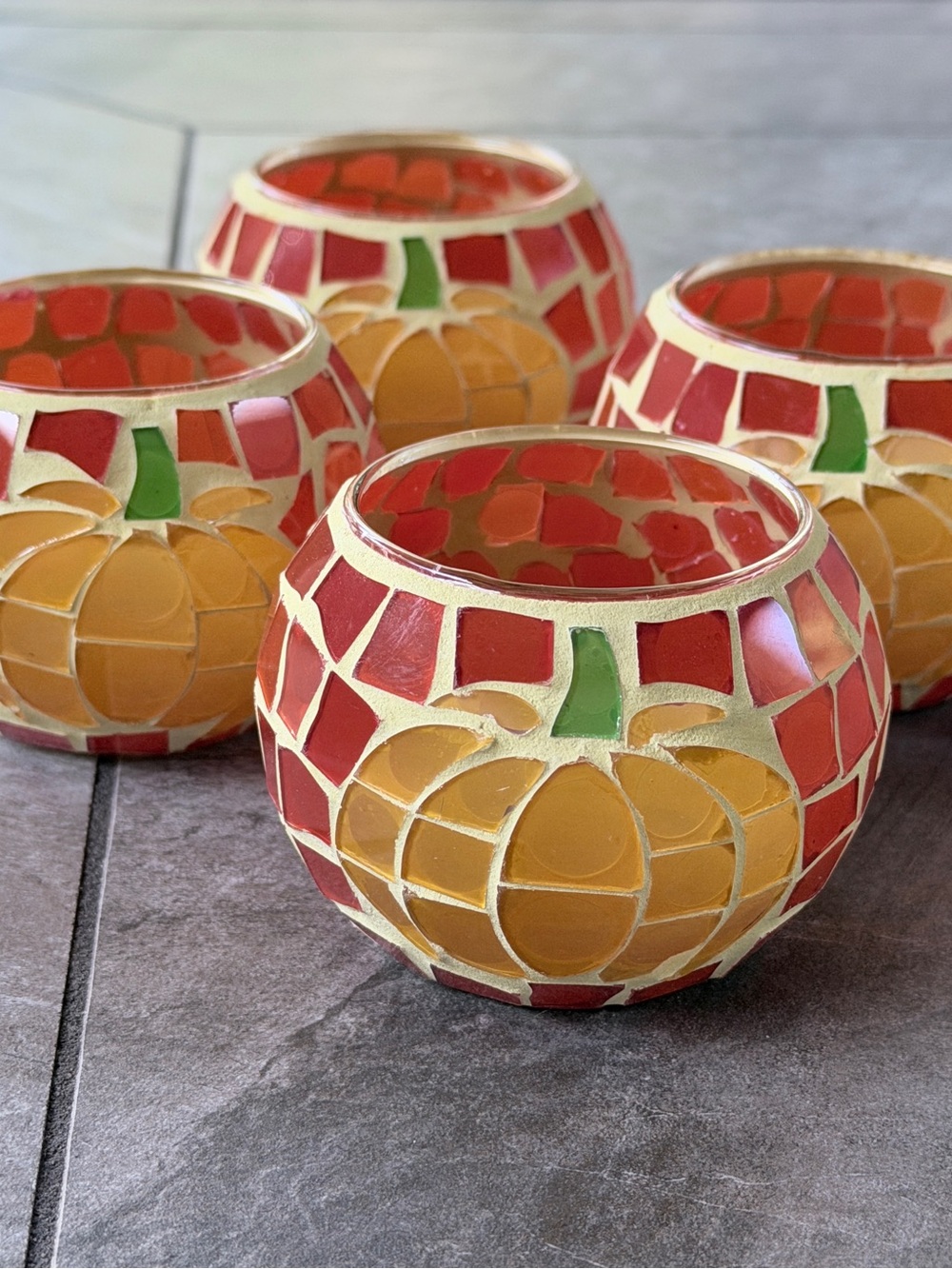 SHMILMH Pumpkin Halloween Mosaic Glass Tea Light Holders Set of 4 Orange
